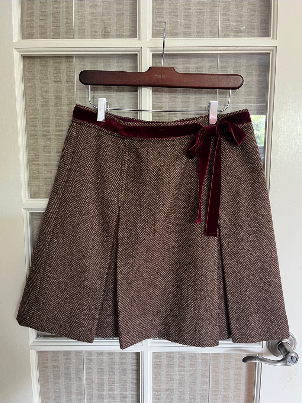 Vintage 2005 J. Crew Brown Herringbone Box Pleat Skirt with Burgundy Velvet Trim